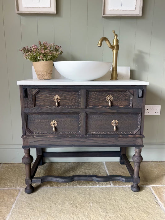 Dark Solid Oak Vintage Vanity Sink with quartz top, Upstand and Basin. 76cm wide